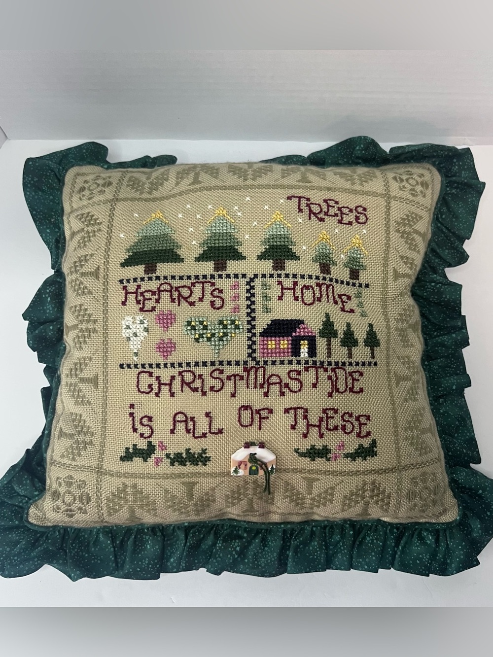 Vintage Cross Stitch Hand Embroidered Pillow Holiday Christmas Cottagecore 13.5”